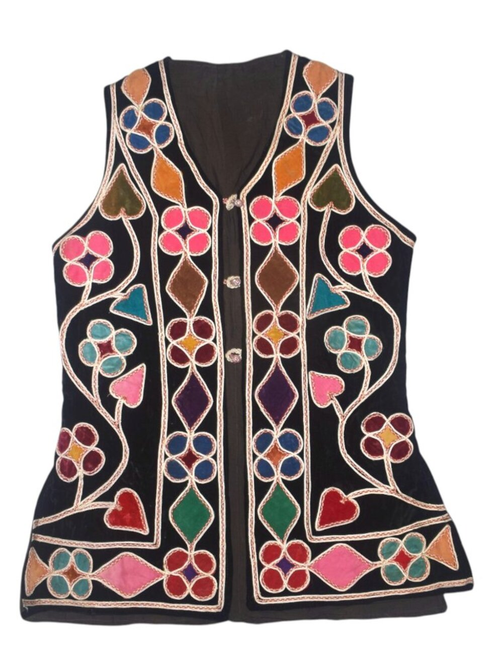 Vintage 1960s 1970s Black Velvet Appliqué Vest Multicolor Folk Art Boho Hippie L